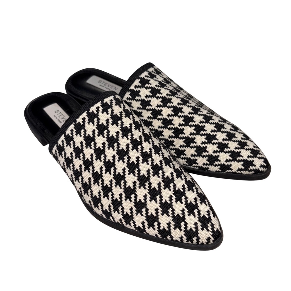Steven New York Houndstooth Knit Mules Black White Pointed Toe Flats 7.5